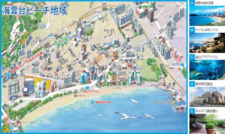 海雲台(해운대/ヘウンデ)海水浴場の日本語地図