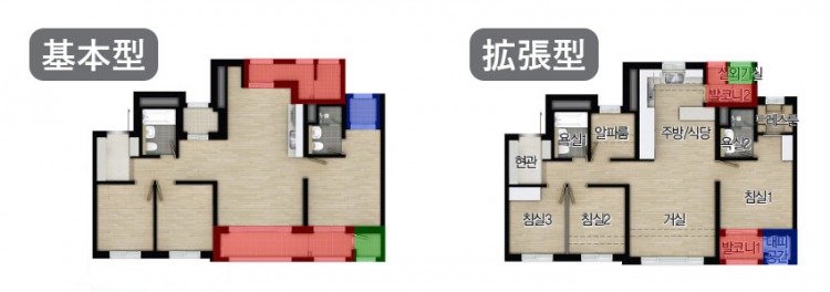 韓国のアパート間取り図　4LDK（34坪）<br />赤：ベランダ / 青：退避空間 / 緑：エアコン室外機置場