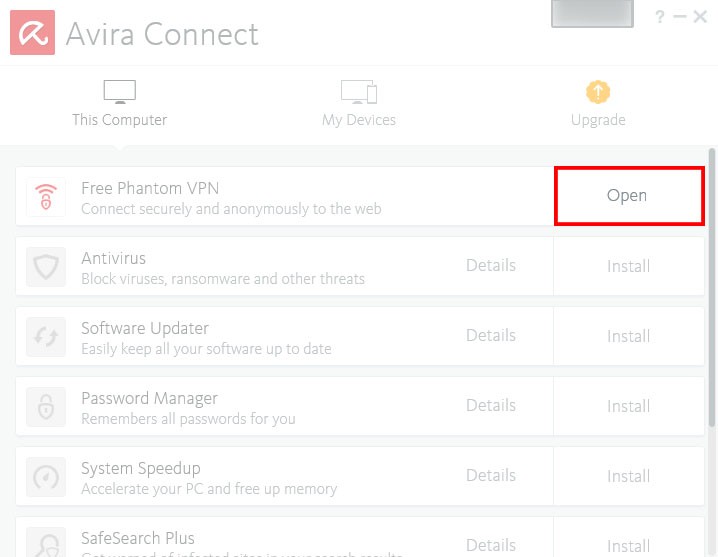 開いたAvira Connect画面の中でFree Phantom VPNのOpenをクリックしてプログラムを開く 開いたAvira Connect画面の中でFree Phantom VPNのOpenをクリックしてプログラムを開く