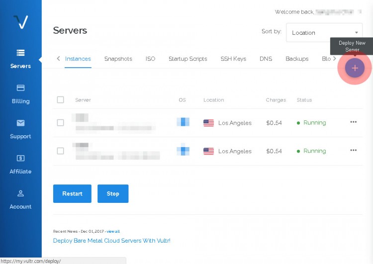 右上にある「Deply New Sever」ボタン 右上にある「Deply New Sever」ボタン