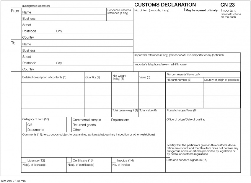 非書類用の税関申告書　CN23<br />300SDR超過